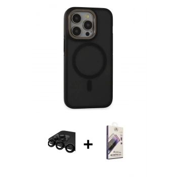MARSİLYAN™- iPhone 15 Pro Max Kılıf Ahenk Form Serisi - Siyah Bilvis 3D Mat Cam Ekran Koruyucu + Raze Metal Kamera Lens - SH