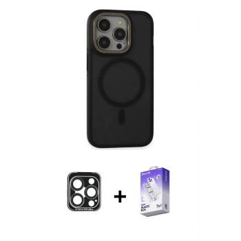 MARSİLYAN™- iPhone 15 Pro Max Kılıf Ahenk Form Serisi - Siyah Bilvis 5in1 3D Magic Cam Ekran Koruyucu + PVD Metal Kamera Lens - LT