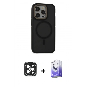 MARSİLYAN™- iPhone 15 Pro Max Kılıf Ahenk Form Serisi - Siyah Bilvis 5in1 5D Magic Hayalet Cam Ekran Koruyucu + PVD Metal Kamera Lens - SH