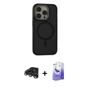 MARSİLYAN™- iPhone 15 Pro Max Kılıf Ahenk Form Serisi - Siyah Bilvis 5in1 5D Magic Hayalet Cam Ekran Koruyucu + Raze Metal Kamera Lens - TMGI