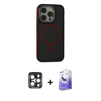 MARSİLYAN™- iPhone 15 Pro Max Kılıf Ahenk Form Serisi - Siyah Bilvis 5in1 5D Magic Hayalet Cam Ekran Koruyucu + PVD Metal Kamera Lens - LT