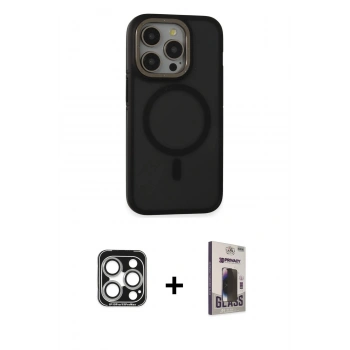 MARSİLYAN™- iPhone 15 Pro Max Kılıf Ahenk Form Serisi - Siyah Bilvis Hayalet Cam Ekran Koruyucu + PVD Metal Kamera Lens - GS