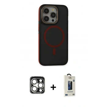 MARSİLYAN™- iPhone 15 Pro Max Kılıf Ahenk Form Serisi - Siyah Bilvis Hayalet Cam Ekran Koruyucu + PVD Metal Kamera Lens - GS