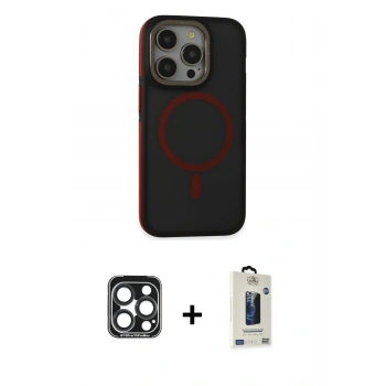 MARSİLYAN™- iPhone 15 Pro Max Kılıf Ahenk Form Serisi - Siyah Bilvis Hayalet Cam Ekran Koruyucu + PVD Metal Kamera Lens - LT