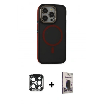 MARSİLYAN™- iPhone 15 Pro Max Kılıf Ahenk Form Serisi - Siyah Bilvis Hayalet Cam Ekran Koruyucu + PVD Metal Kamera Lens - LT