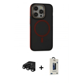 MARSİLYAN™- iPhone 15 Pro Max Kılıf Ahenk Form Serisi - Siyah Bilvis Hayalet Cam Ekran Koruyucu + Raze Metal Kamera Lens - SH