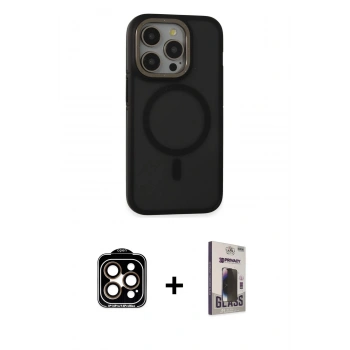 MARSİLYAN™- iPhone 15 Pro Max Kılıf Ahenk Form Serisi - Siyah Bilvis Hayalet Cam Ekran Koruyucu + PVD Metal Kamera Lens - TU