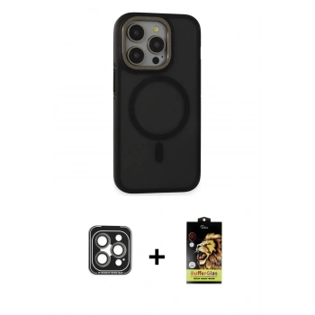 MARSİLYAN™- iPhone 15 Pro Max Kılıf Ahenk Form Serisi - Siyah Buffer Cam Ekran Koruyucu + PVD Metal Kamera Lens - GI