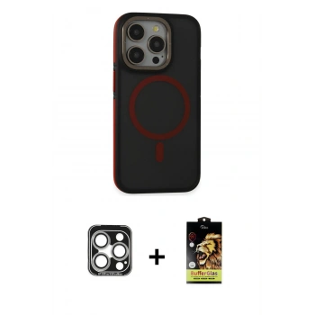 MARSİLYAN™- iPhone 15 Pro Max Kılıf Ahenk Form Serisi - Siyah Buffer Cam Ekran Koruyucu + PVD Metal Kamera Lens - GS