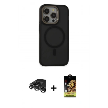 MARSİLYAN™- iPhone 15 Pro Max Kılıf Ahenk Form Serisi - Siyah Buffer Cam Ekran Koruyucu + Raze Metal Kamera Lens - GS