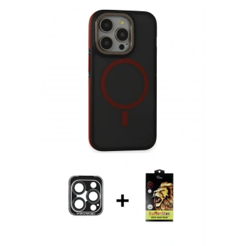 MARSİLYAN™- iPhone 15 Pro Max Kılıf Ahenk Form Serisi - Siyah Buffer Cam Ekran Koruyucu + PVD Metal Kamera Lens - LT