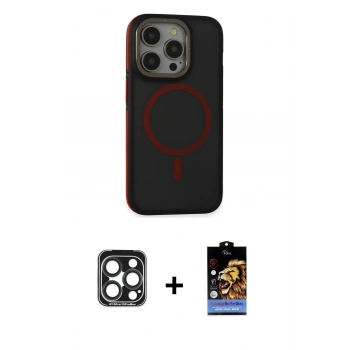 MARSİLYAN™- iPhone 15 Pro Max Kılıf Ahenk Form Serisi - Siyah Buffer Hayalet Cam Ekran Koruyucu + PVD Metal Kamera Lens - LT