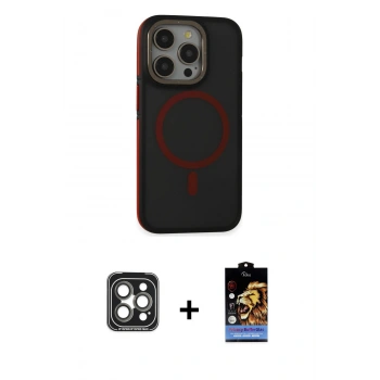 MARSİLYAN™- iPhone 15 Pro Max Kılıf Ahenk Form Serisi - Siyah Buffer Hayalet Cam Ekran Koruyucu + PVD Metal Kamera Lens - GI