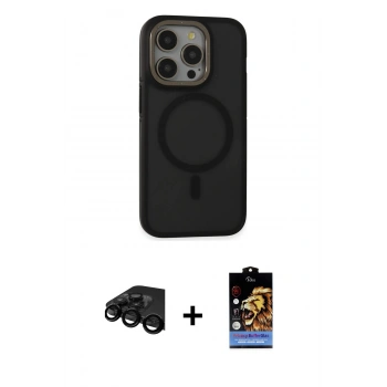 MARSİLYAN™- iPhone 15 Pro Max Kılıf Ahenk Form Serisi - Siyah Buffer Hayalet Cam Ekran Koruyucu + Raze Metal Kamera Lens - SH