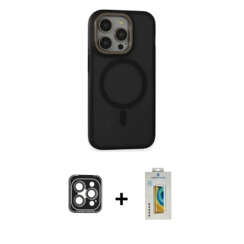 MARSİLYAN™- iPhone 15 Pro Max Kılıf Ahenk Form Serisi - Siyah Polymer Nano Ekran Koruyucu + PVD Metal Kamera Lens - GI