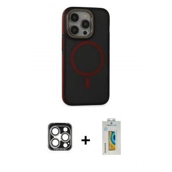 MARSİLYAN™- iPhone 15 Pro Max Kılıf Ahenk Form Serisi - Siyah Polymer Nano Ekran Koruyucu + PVD Metal Kamera Lens - GS