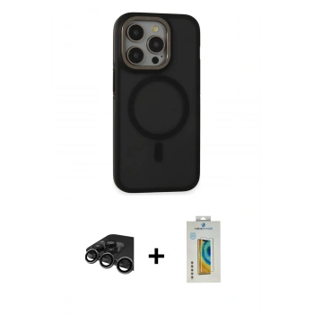 MARSİLYAN™- iPhone 15 Pro Max Kılıf Ahenk Form Serisi - Siyah Polymer Nano Ekran Koruyucu + Raze Metal Kamera Lens - TMGI