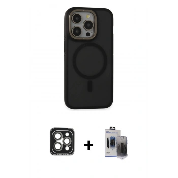 MARSİLYAN™- iPhone 15 Pro Max Kılıf Ahenk Form Serisi - Siyah Vanessa Magic Hayalet Cam + PVD Metal Kamera Lens - GI