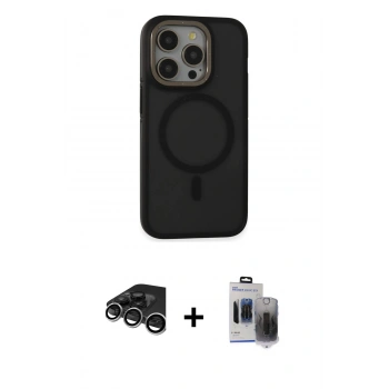 MARSİLYAN™- iPhone 15 Pro Max Kılıf Ahenk Form Serisi - Siyah Vanessa Magic Hayalet Cam + Raze Metal Kamera Lens - GS