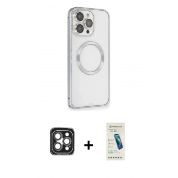 MARSİLYAN™- iPhone 15 Pro Max Kılıf Ahenk Işık Serisi - Şeffaf Pasifik Cam Ekran Koruyucu + PVD Metal Kamera Lens - GI