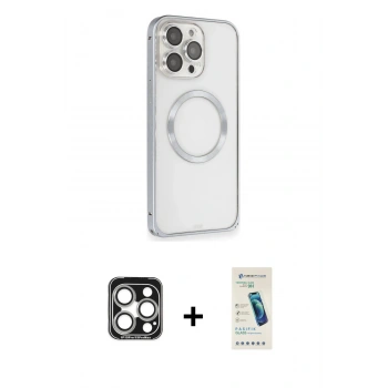 MARSİLYAN™- iPhone 15 Pro Max Kılıf Ahenk Işık Serisi - Şeffaf Pasifik Cam Ekran Koruyucu + PVD Metal Kamera Lens - GS