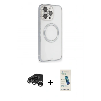 MARSİLYAN™- iPhone 15 Pro Max Kılıf Ahenk Işık Serisi - Şeffaf Pasifik Cam Ekran Koruyucu + Raze Metal Kamera Lens - GS
