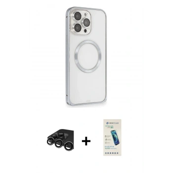 MARSİLYAN™- iPhone 15 Pro Max Kılıf Ahenk Işık Serisi - Şeffaf Pasifik Cam Ekran Koruyucu + Raze Metal Kamera Lens - TMGI