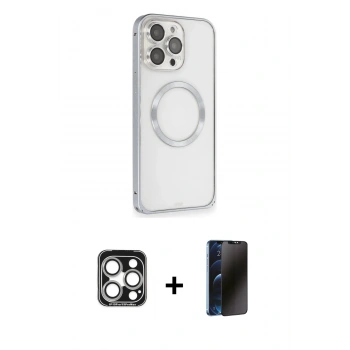 MARSİLYAN™- iPhone 15 Pro Max Kılıf Ahenk Işık Serisi - Siyah 3D Antistatik Hayalet Cam Ekran Koruyucu + PVD Metal Kamera Lens - GS