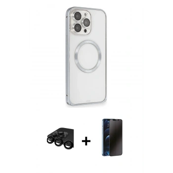 MARSİLYAN™- iPhone 15 Pro Max Kılıf Ahenk Işık Serisi - Siyah 3D Antistatik Hayalet Cam Ekran Koruyucu + Raze Metal Kamera Lens - SH