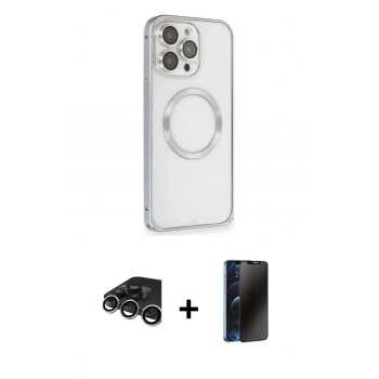 MARSİLYAN™- iPhone 15 Pro Max Kılıf Ahenk Işık Serisi - Siyah 3D Antistatik Hayalet Cam Ekran Koruyucu + Raze Metal Kamera Lens - GS