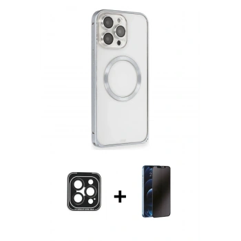 MARSİLYAN™- iPhone 15 Pro Max Kılıf Ahenk Işık Serisi - Siyah 3D Antistatik Hayalet Cam Ekran Koruyucu + PVD Metal Kamera Lens - SH