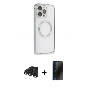 MARSİLYAN™- iPhone 15 Pro Max Kılıf Ahenk Işık Serisi - Siyah 3D Antistatik Hayalet Cam Ekran Koruyucu + Raze Metal Kamera Lens - TMGI