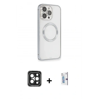 MARSİLYAN™- iPhone 15 Pro Max Kılıf Ahenk Işık Serisi - Siyah Bilvis 0.18mm Plus Cam Ekran Koruyucu + PVD Metal Kamera Lens - SH