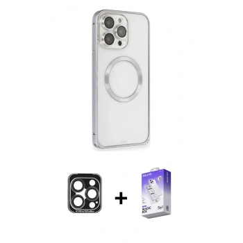 MARSİLYAN™- iPhone 15 Pro Max Kılıf Ahenk Işık Serisi - Siyah Bilvis 5in1 3D Magic Cam Ekran Koruyucu + PVD Metal Kamera Lens - LT