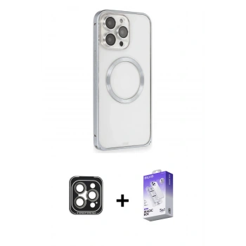 MARSİLYAN™- iPhone 15 Pro Max Kılıf Ahenk Işık Serisi - Siyah Bilvis 5in1 3D Magic Cam Ekran Koruyucu + PVD Metal Kamera Lens - GI
