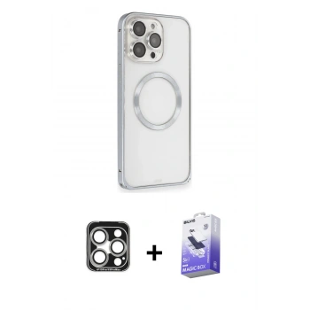 MARSİLYAN™- iPhone 15 Pro Max Kılıf Ahenk Işık Serisi - Siyah Bilvis 5in1 5D Magic Hayalet Cam Ekran Koruyucu + PVD Metal Kamera Lens - GS