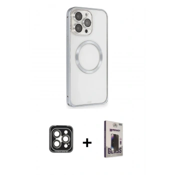 MARSİLYAN™- iPhone 15 Pro Max Kılıf Ahenk Işık Serisi - Siyah Bilvis Hayalet Cam Ekran Koruyucu + PVD Metal Kamera Lens - GI