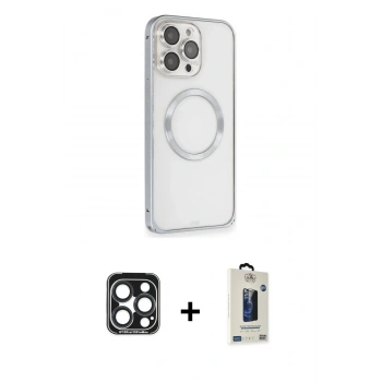 MARSİLYAN™- iPhone 15 Pro Max Kılıf Ahenk Işık Serisi - Siyah Bilvis Hayalet Cam Ekran Koruyucu + PVD Metal Kamera Lens - LT