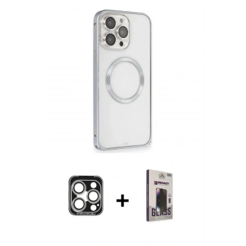MARSİLYAN™- iPhone 15 Pro Max Kılıf Ahenk Işık Serisi - Siyah Bilvis Hayalet Cam Ekran Koruyucu + PVD Metal Kamera Lens - GS