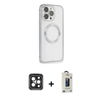 MARSİLYAN™- iPhone 15 Pro Max Kılıf Ahenk Işık Serisi - Siyah Bilvis Hayalet Cam Ekran Koruyucu + PVD Metal Kamera Lens - SH