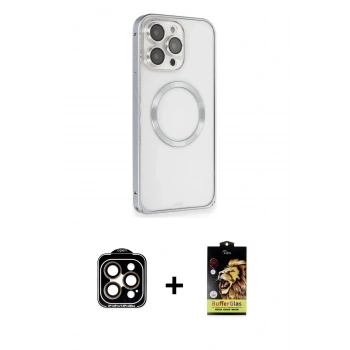 MARSİLYAN™- iPhone 15 Pro Max Kılıf Ahenk Işık Serisi - Siyah Buffer Cam Ekran Koruyucu + PVD Metal Kamera Lens - TU
