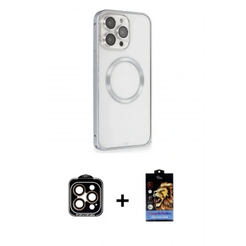 MARSİLYAN™- iPhone 15 Pro Max Kılıf Ahenk Işık Serisi - Siyah Buffer Hayalet Cam Ekran Koruyucu + PVD Metal Kamera Lens - TU