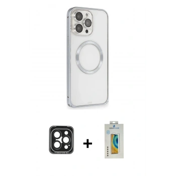 MARSİLYAN™- iPhone 15 Pro Max Kılıf Ahenk Işık Serisi - Siyah Polymer Nano Ekran Koruyucu + PVD Metal Kamera Lens - SH