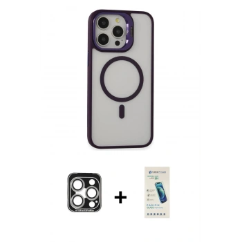 MARSİLYAN™- iPhone 15 Pro Max Kılıf Ahenk Klasik Özel Seri - Şeffaf Pasifik Cam Ekran Koruyucu + PVD Metal Kamera Lens - GS