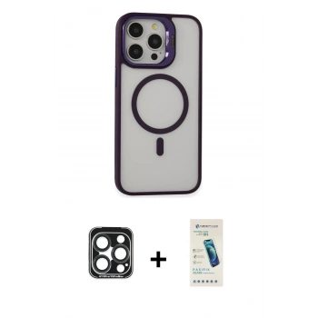 MARSİLYAN™- iPhone 15 Pro Max Kılıf Ahenk Klasik Özel Seri - Şeffaf Pasifik Cam Ekran Koruyucu + PVD Metal Kamera Lens - LT