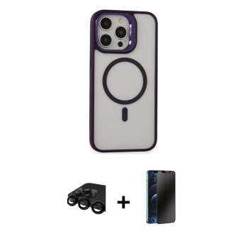 MARSİLYAN™- iPhone 15 Pro Max Kılıf Ahenk Klasik Özel Seri - Siyah 3D Antistatik Hayalet Cam Ekran Koruyucu + Raze Metal Kamera Lens - SH