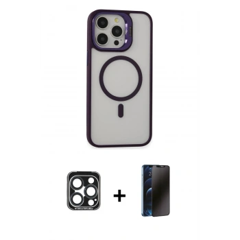 MARSİLYAN™- iPhone 15 Pro Max Kılıf Ahenk Klasik Özel Seri - Siyah 3D Antistatik Hayalet Cam Ekran Koruyucu + PVD Metal Kamera Lens - LT