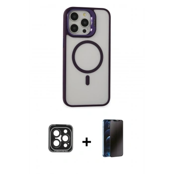 MARSİLYAN™- iPhone 15 Pro Max Kılıf Ahenk Klasik Özel Seri - Siyah 3D Antistatik Hayalet Cam Ekran Koruyucu + PVD Metal Kamera Lens - SH