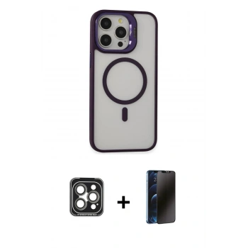 MARSİLYAN™- iPhone 15 Pro Max Kılıf Ahenk Klasik Özel Seri - Siyah 3D Antistatik Hayalet Cam Ekran Koruyucu + PVD Metal Kamera Lens - GI