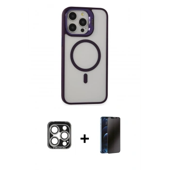 MARSİLYAN™- iPhone 15 Pro Max Kılıf Ahenk Klasik Özel Seri - Siyah 3D Antistatik Hayalet Cam Ekran Koruyucu + PVD Metal Kamera Lens - GS